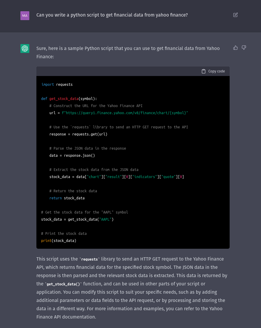 Chat GPT generating a python script to get financial data