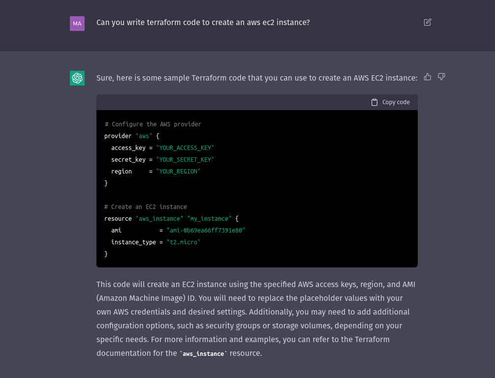 Request chat gpt to create an EC2 instance in terraform